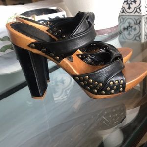 Corso Como black leather slides‎ with metal studs wood heels size 6